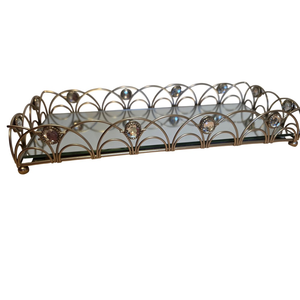 Vintage Gold Mirrored Vanity Tray Crystal Accented Scalloped Gallery ST-8889-TRY